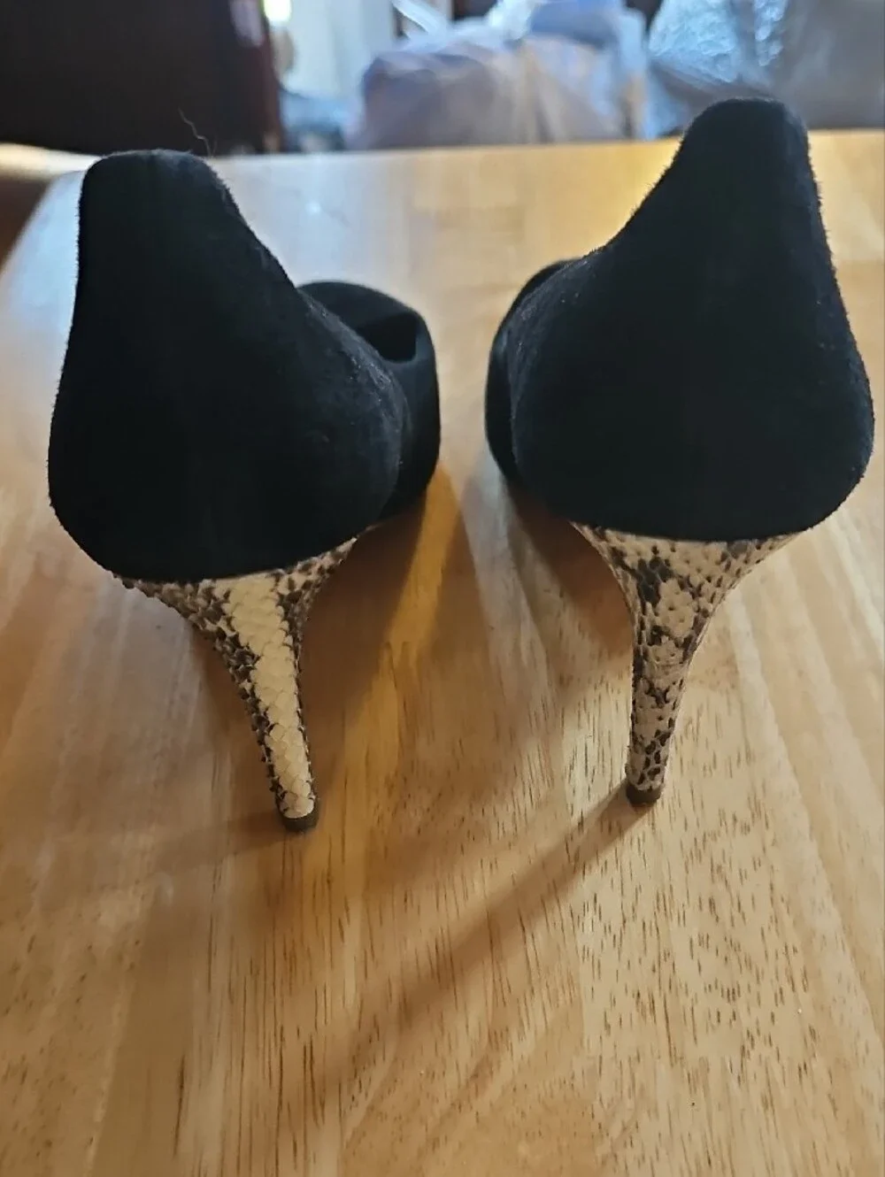 Tory Burch Black Suede Pump with Snakeskin-Print Heel